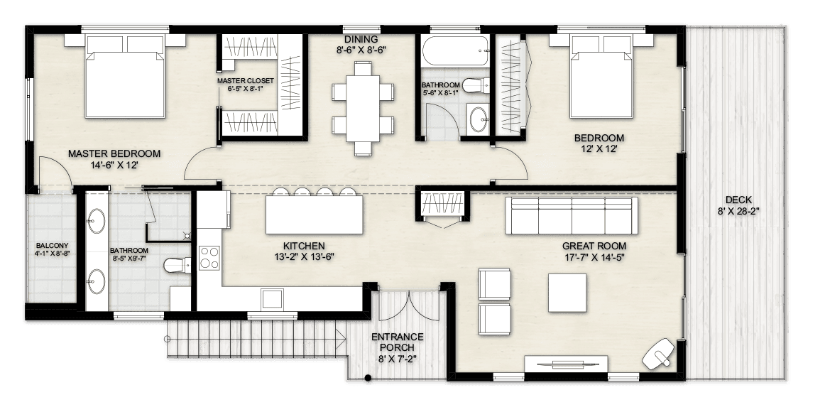 Floor plan of a two-bedroom home with a marker in each room